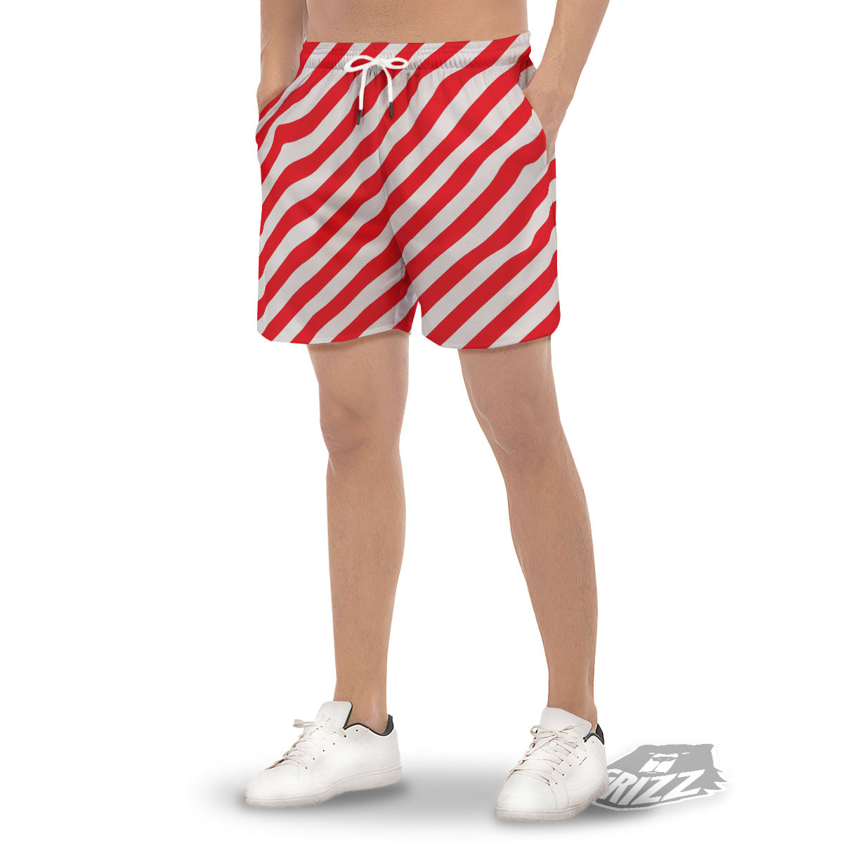 Candy Cane Striped White And Red Print Men's Gym Shorts-grizzshop