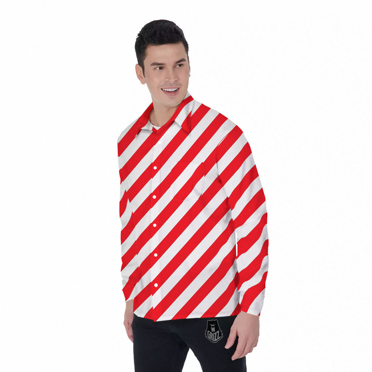 Candy Cane Striped White And Red Print Men's Long Sleeve Shirts-grizzshop