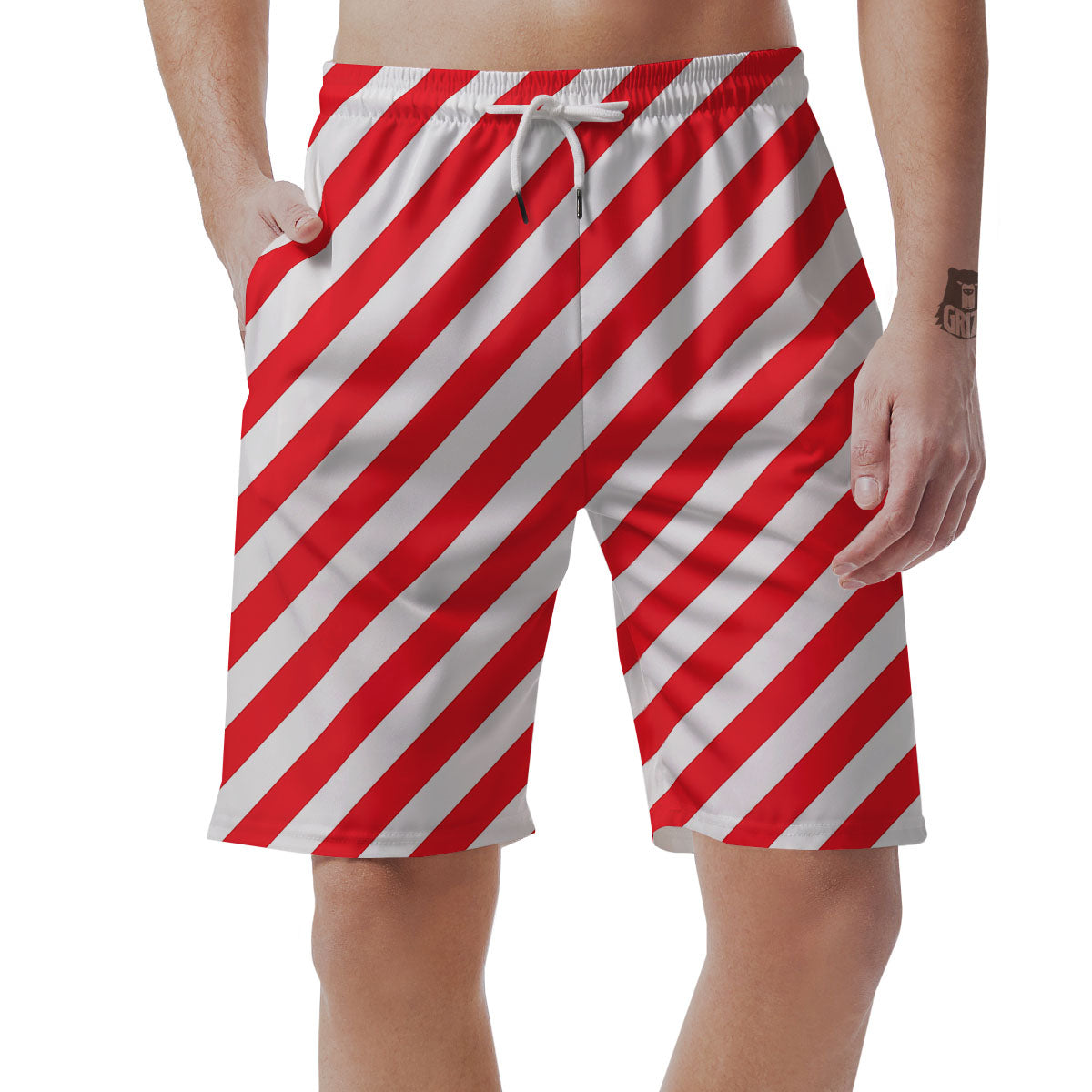 Candy Cane Striped White And Red Print Men's Shorts-grizzshop