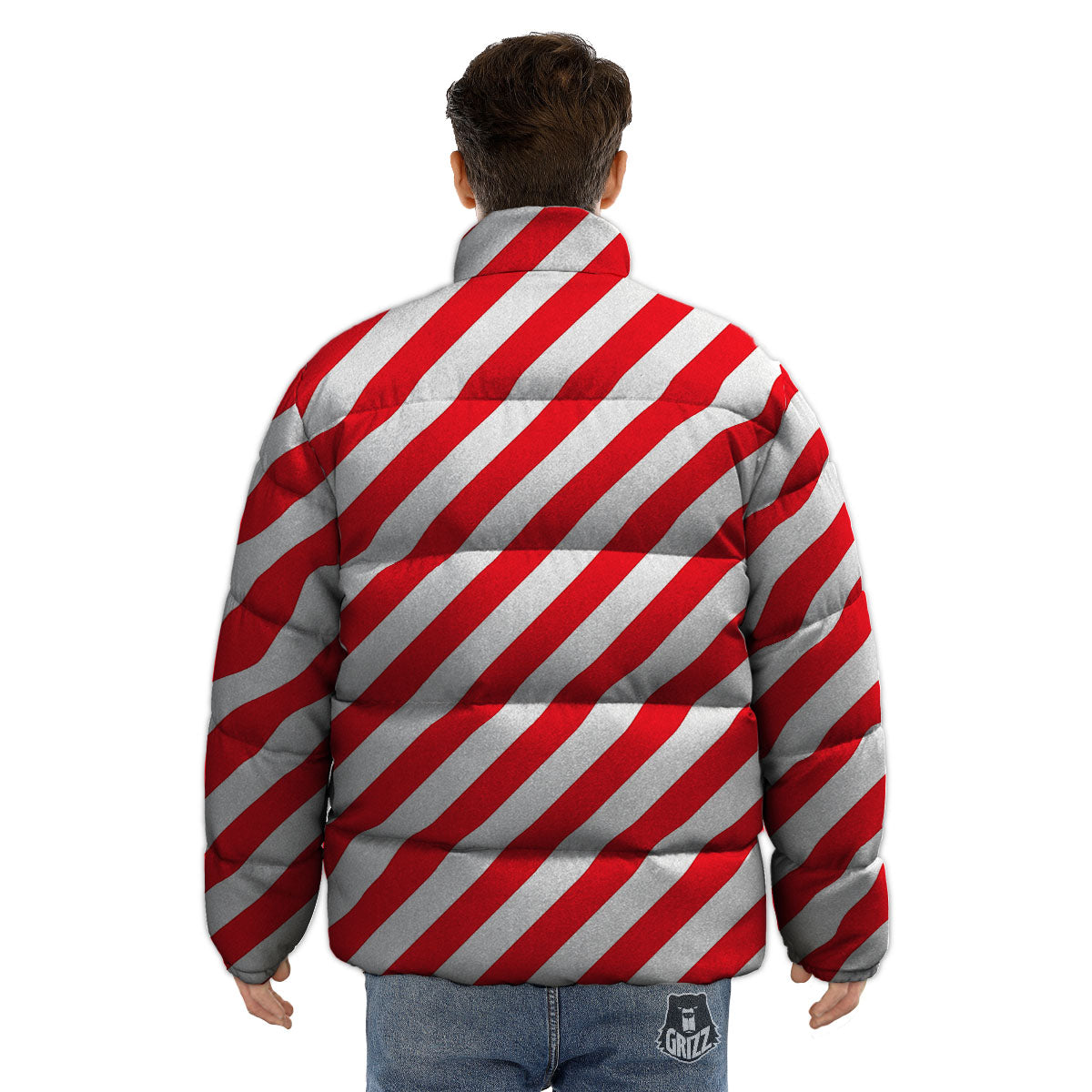 Candy Cane Striped White And Red Print Puffer Jacket-grizzshop