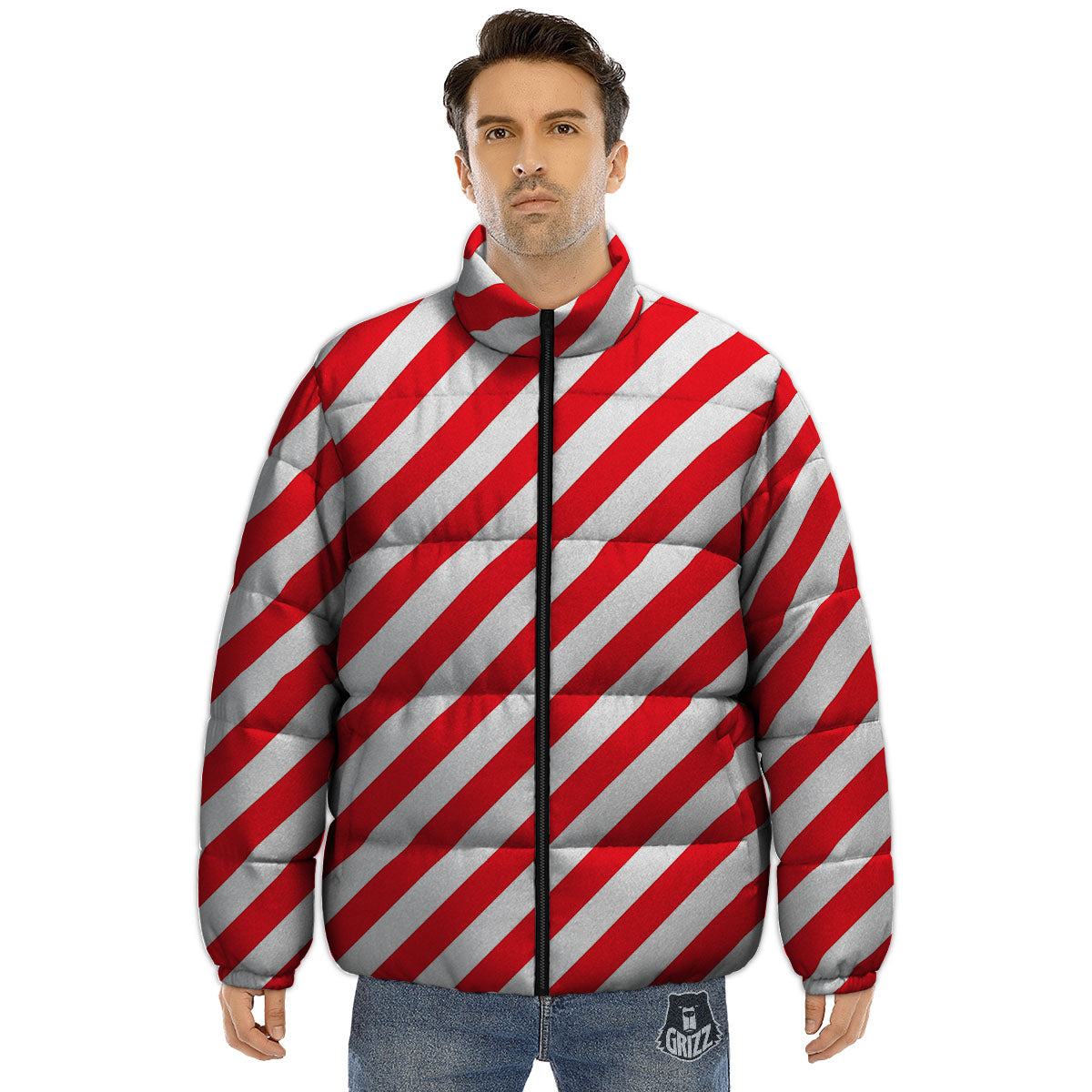 Candy Cane Striped White And Red Print Puffer Jacket-grizzshop