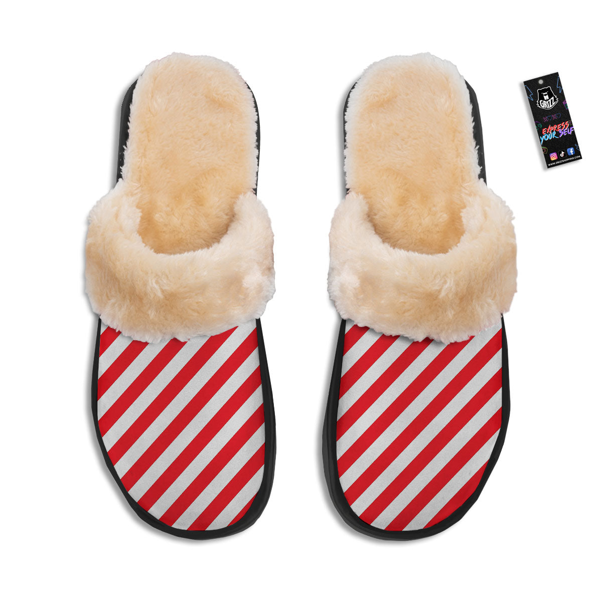 Candy Cane Striped White And Red Print Slippers-grizzshop