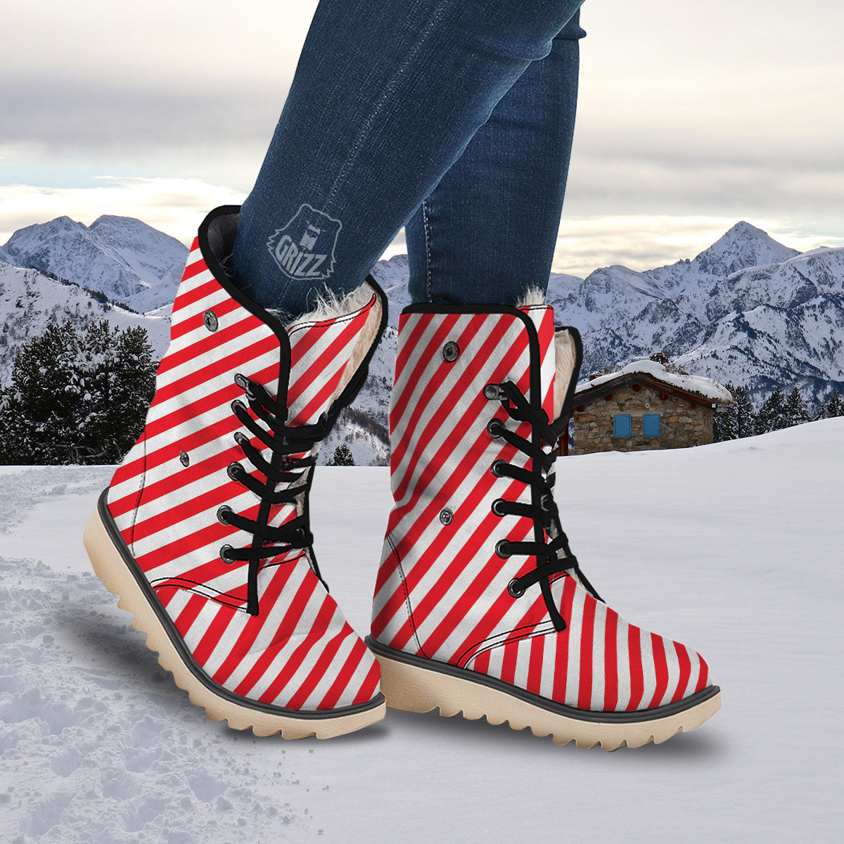 Candy Cane Striped White And Red Print Snow Boots-grizzshop