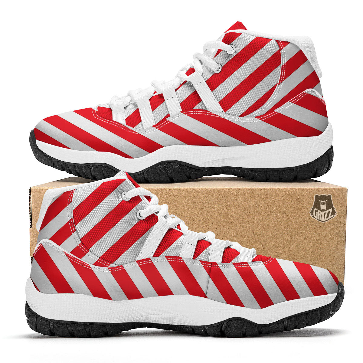 Candy Cane Striped White And Red Print White Bball Shoes-grizzshop