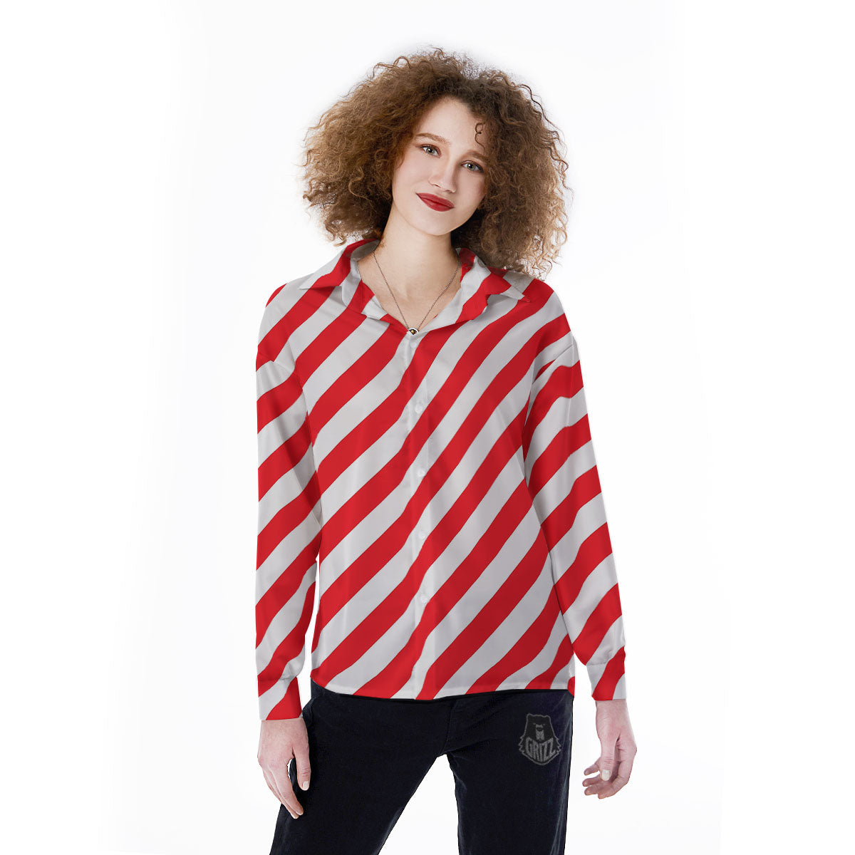 Candy Cane Striped White And Red Print Women's Long Sleeve Shirts-grizzshop