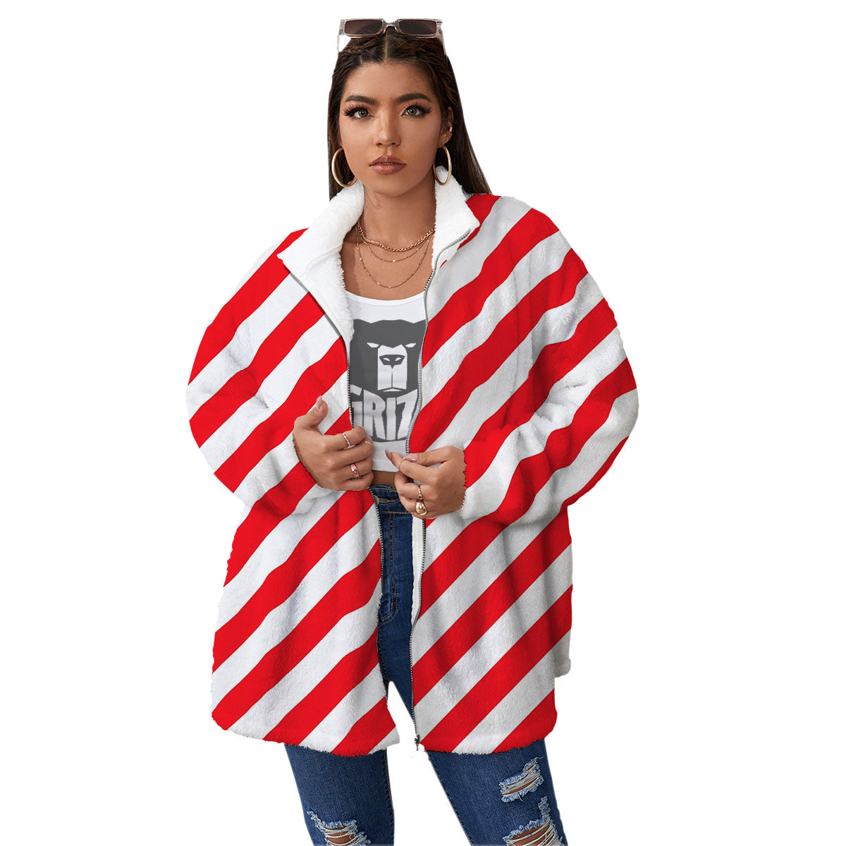 Candy Cane Striped White And Red Print Women's Sherpa Jacket-grizzshop