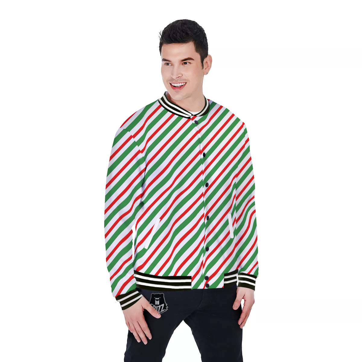 Candy Cane Stripes Christmas Print Baseball Jacket-grizzshop