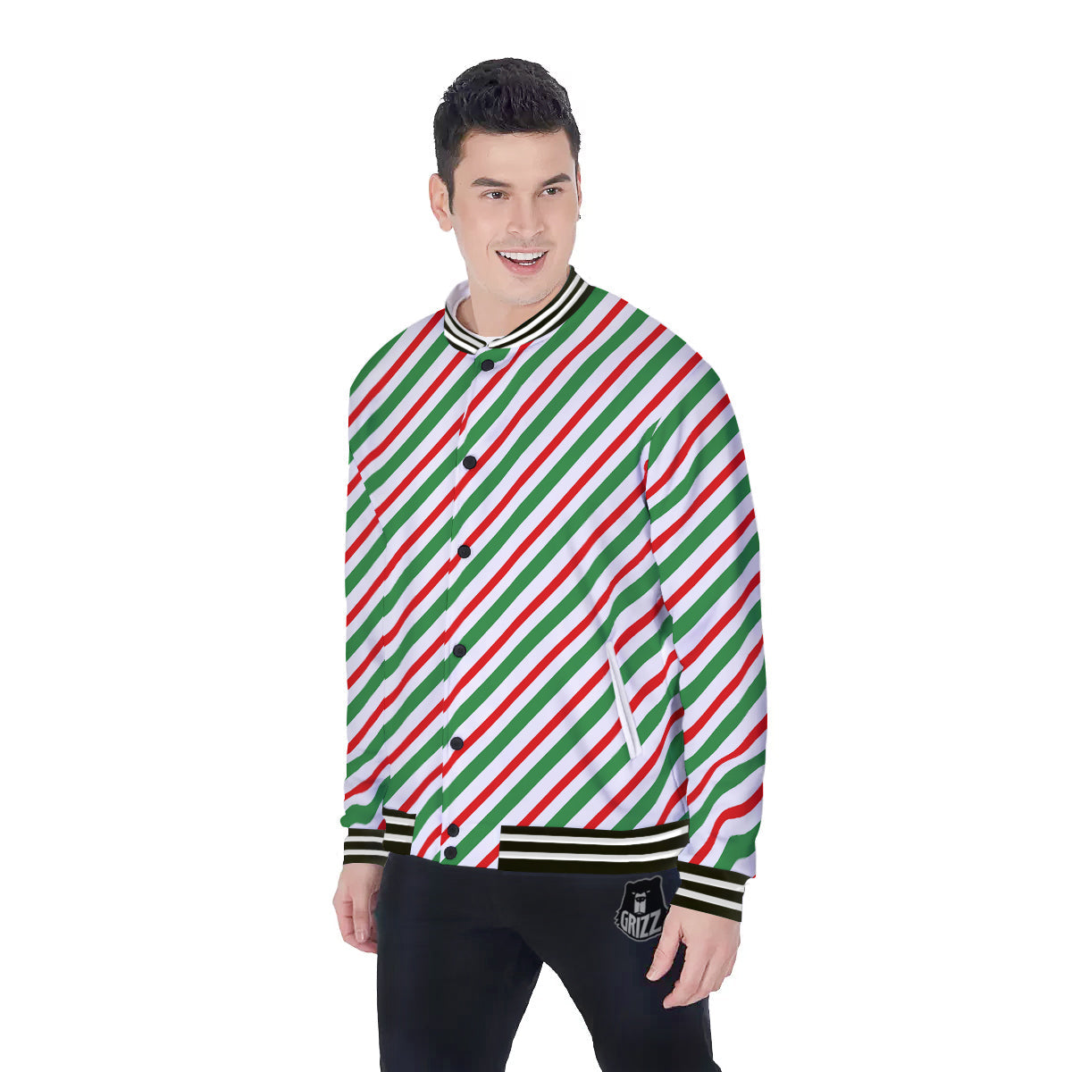 Candy Cane Stripes Christmas Print Baseball Jacket-grizzshop