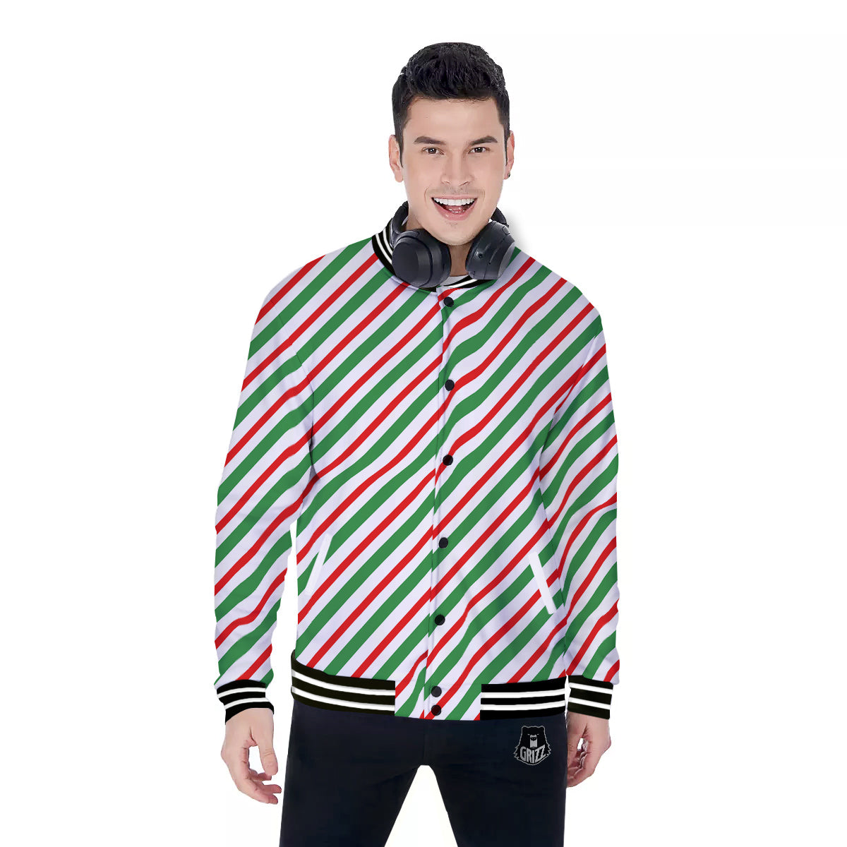 Candy Cane Stripes Christmas Print Baseball Jacket-grizzshop
