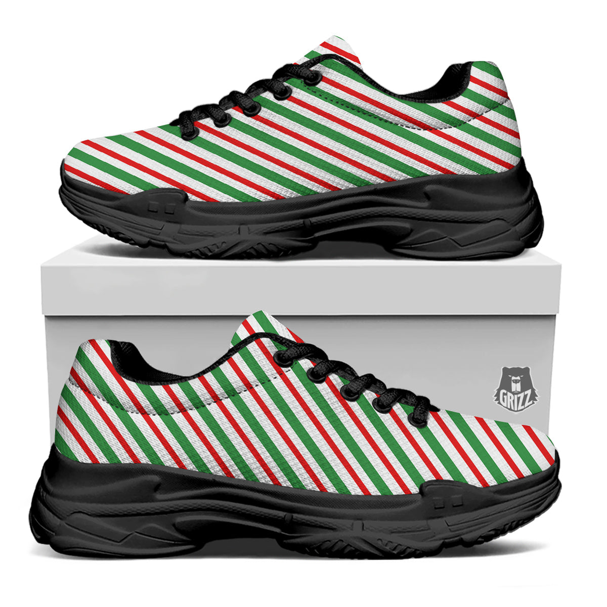 Candy Cane Stripes Christmas Print Black Chunky Shoes-grizzshop