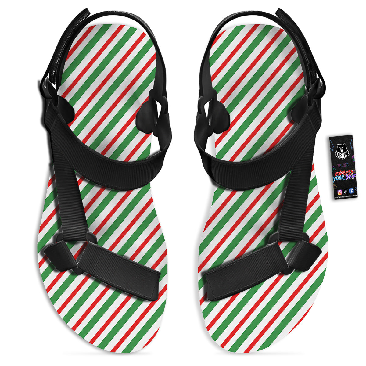 Candy Cane Stripes Christmas Print Black Open Toe Sandals-grizzshop