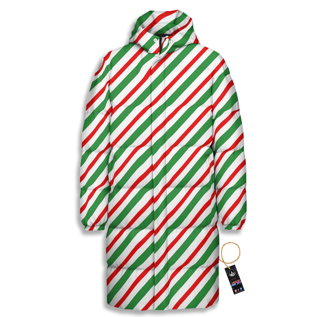 Candy Cane Stripes Christmas Print Long Down Jacket-grizzshop