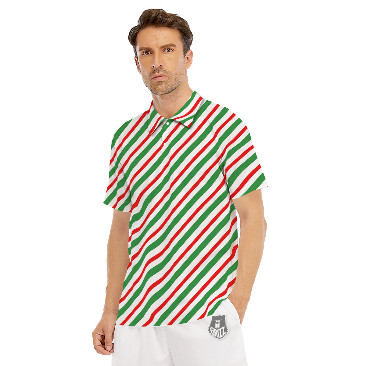 Candy Cane Stripes Christmas Print Men's Golf Shirts-grizzshop