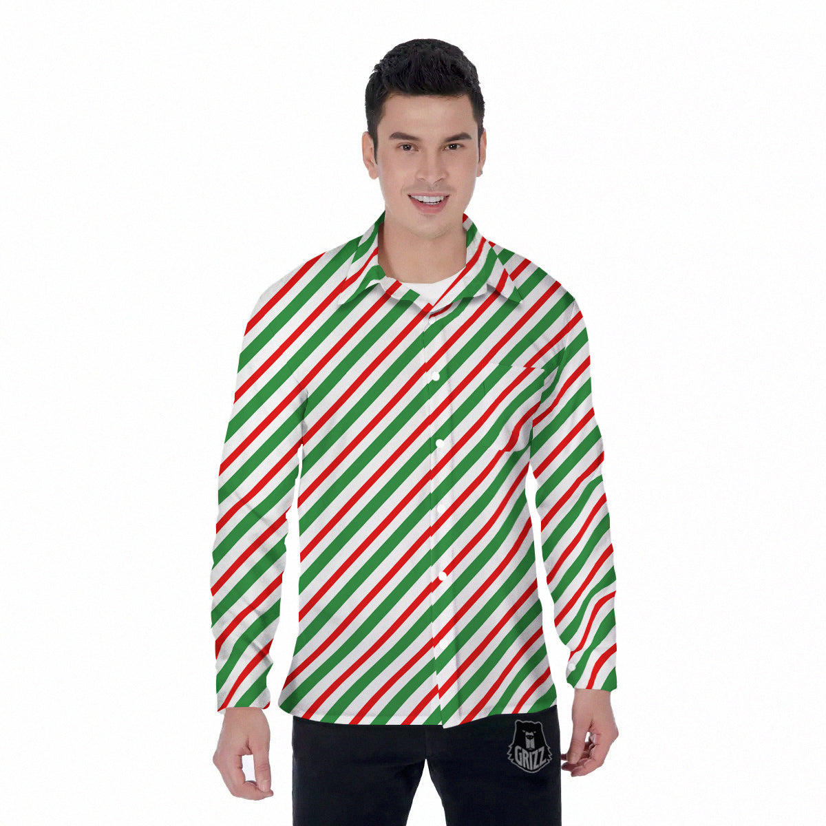 Candy Cane Stripes Christmas Print Men's Long Sleeve Shirts-grizzshop