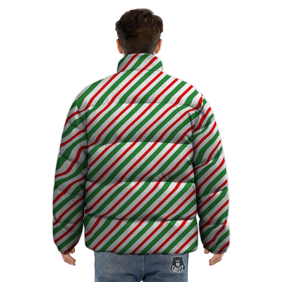 Candy Cane Stripes Christmas Print Puffer Jacket-grizzshop
