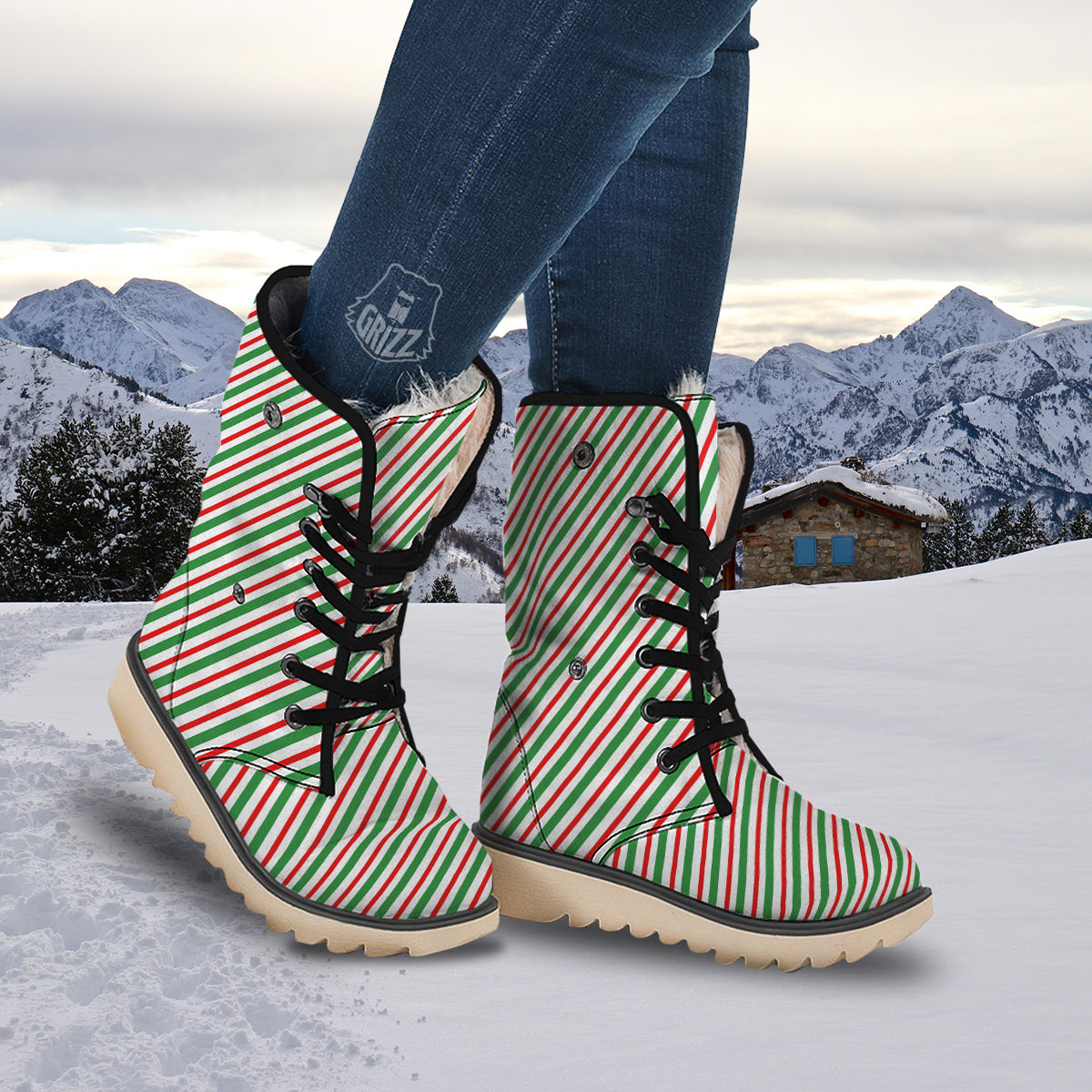 Candy Cane Stripes Christmas Print Snow Boots-grizzshop