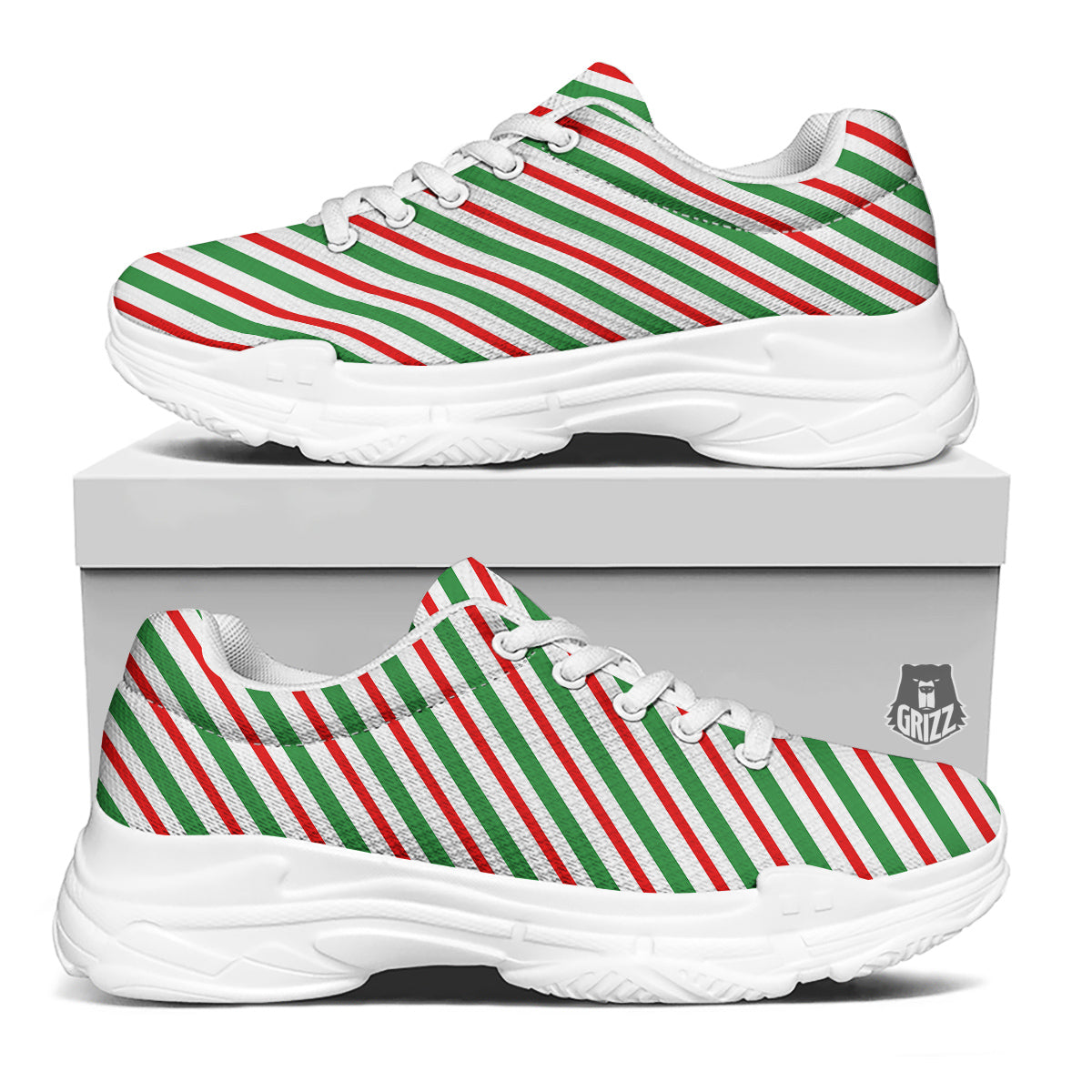 Candy Cane Stripes Christmas Print White Chunky Shoes-grizzshop