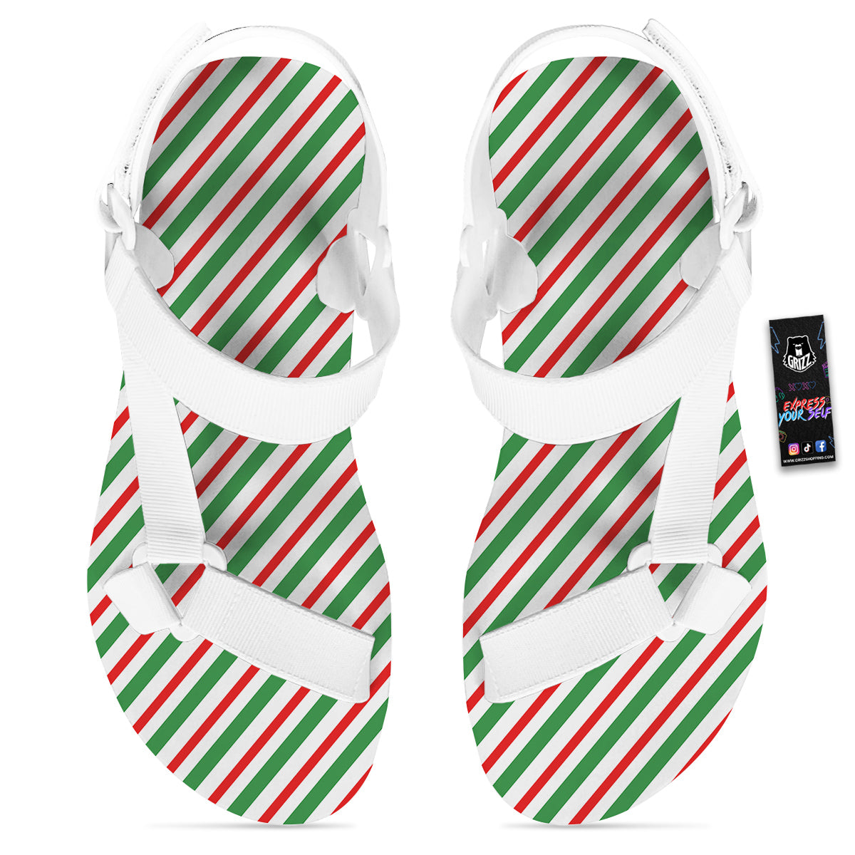 Candy Cane Stripes Christmas Print White Open Toe Sandals-grizzshop