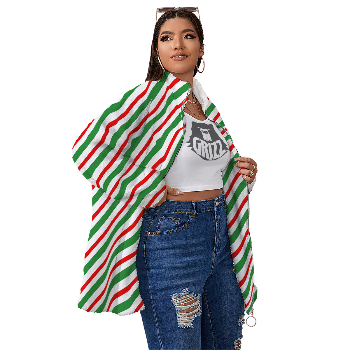 Candy Cane Stripes Christmas Print Women's Sherpa Jacket-grizzshop