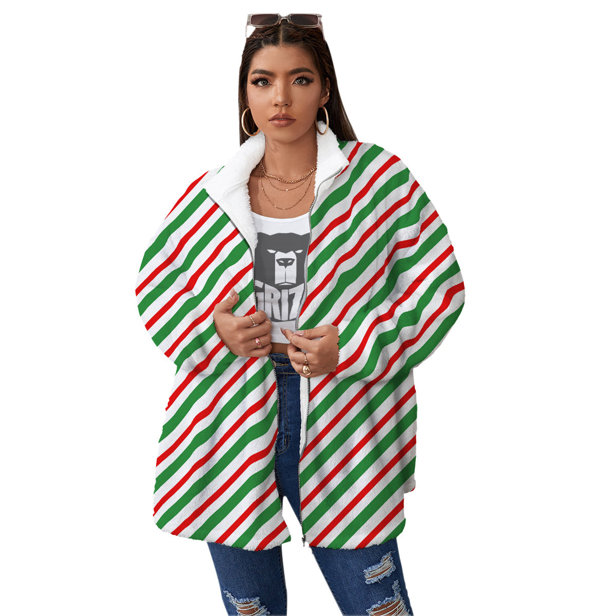 Candy Cane Stripes Christmas Print Women's Sherpa Jacket-grizzshop