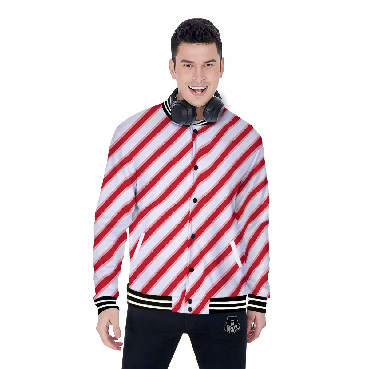 Candy Cane Stripes White And Red Print Baseball Jacket-grizzshop