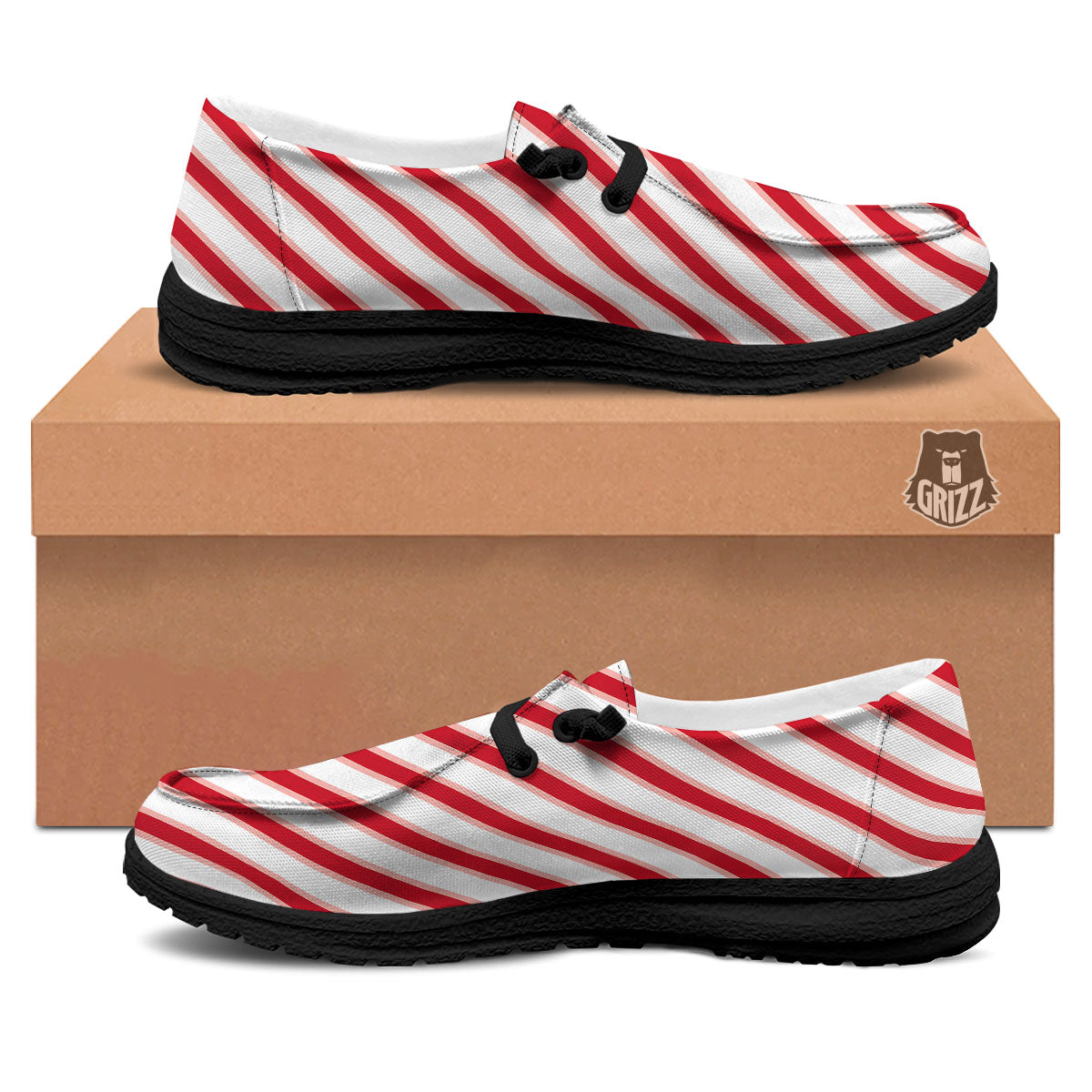 Candy Cane Stripes White And Red Print Black Loafers-grizzshop