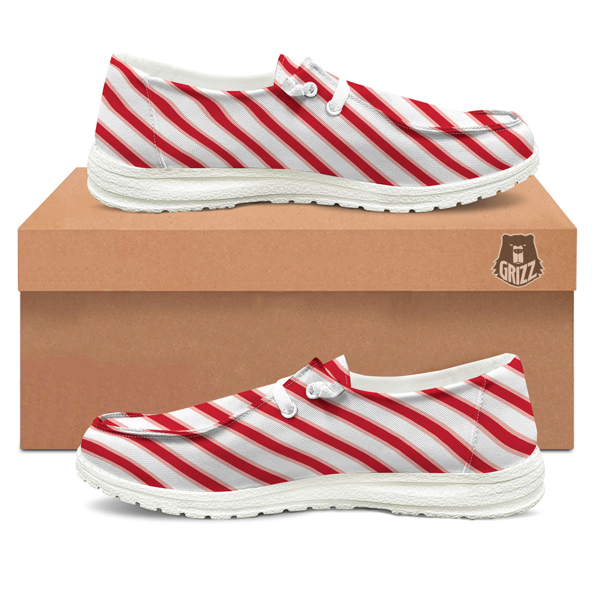 Candy Cane Stripes White And Red Print Black Loafers-grizzshop
