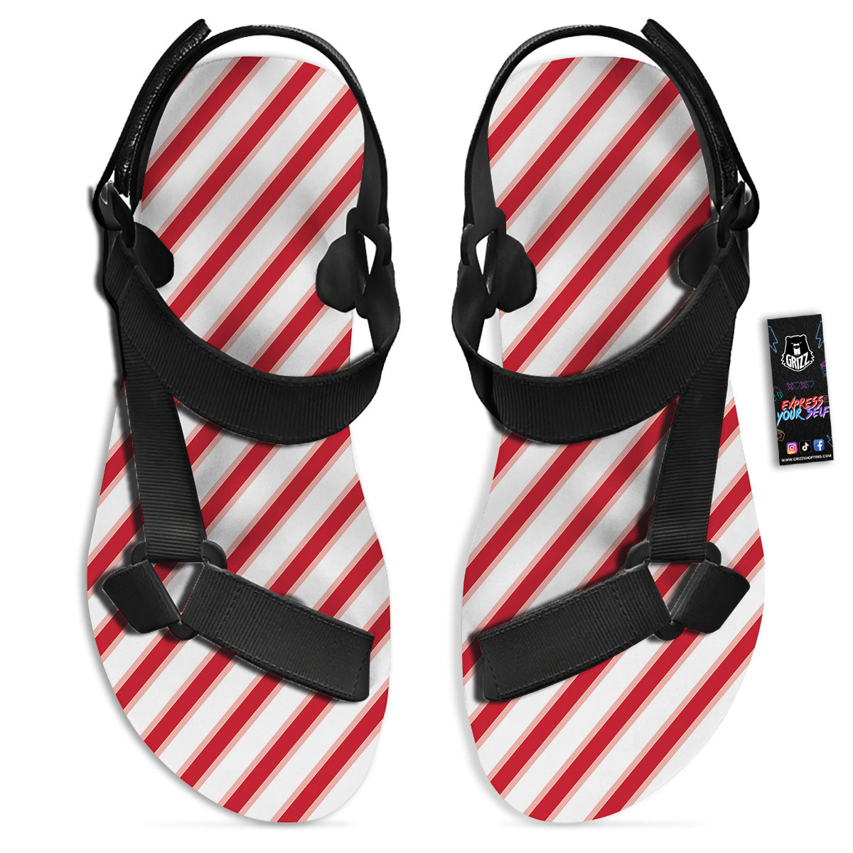 Candy Cane Stripes White And Red Print Black Open Toe Sandals-grizzshop