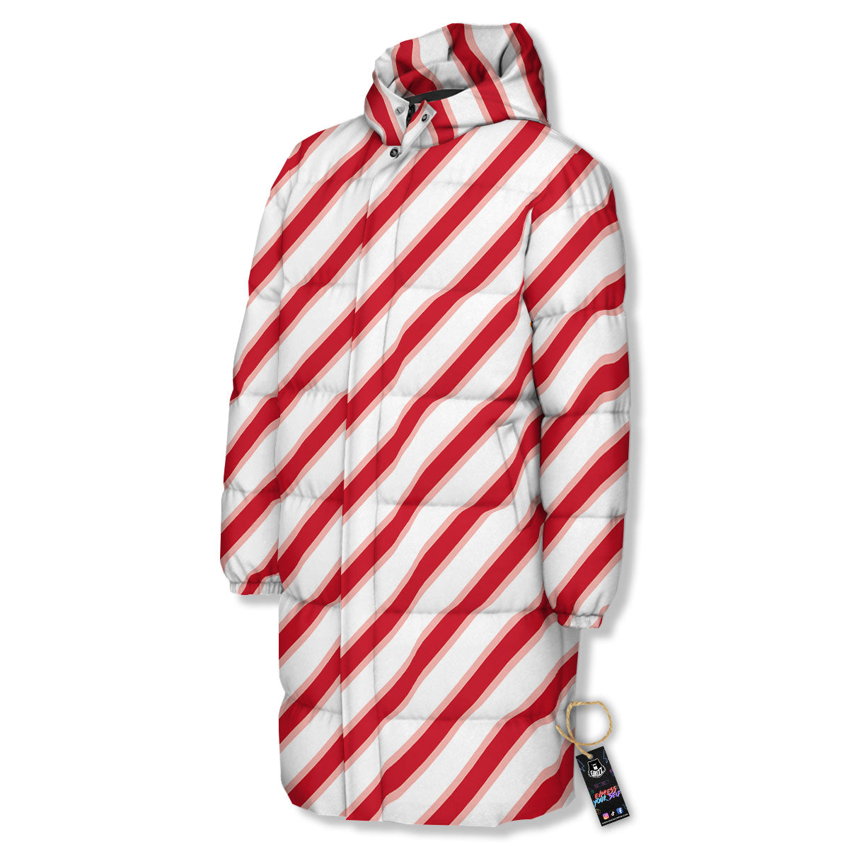 Candy Cane Stripes White And Red Print Long Down Jacket-grizzshop