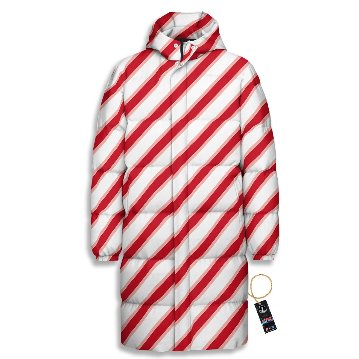 Candy Cane Stripes White And Red Print Long Down Jacket-grizzshop