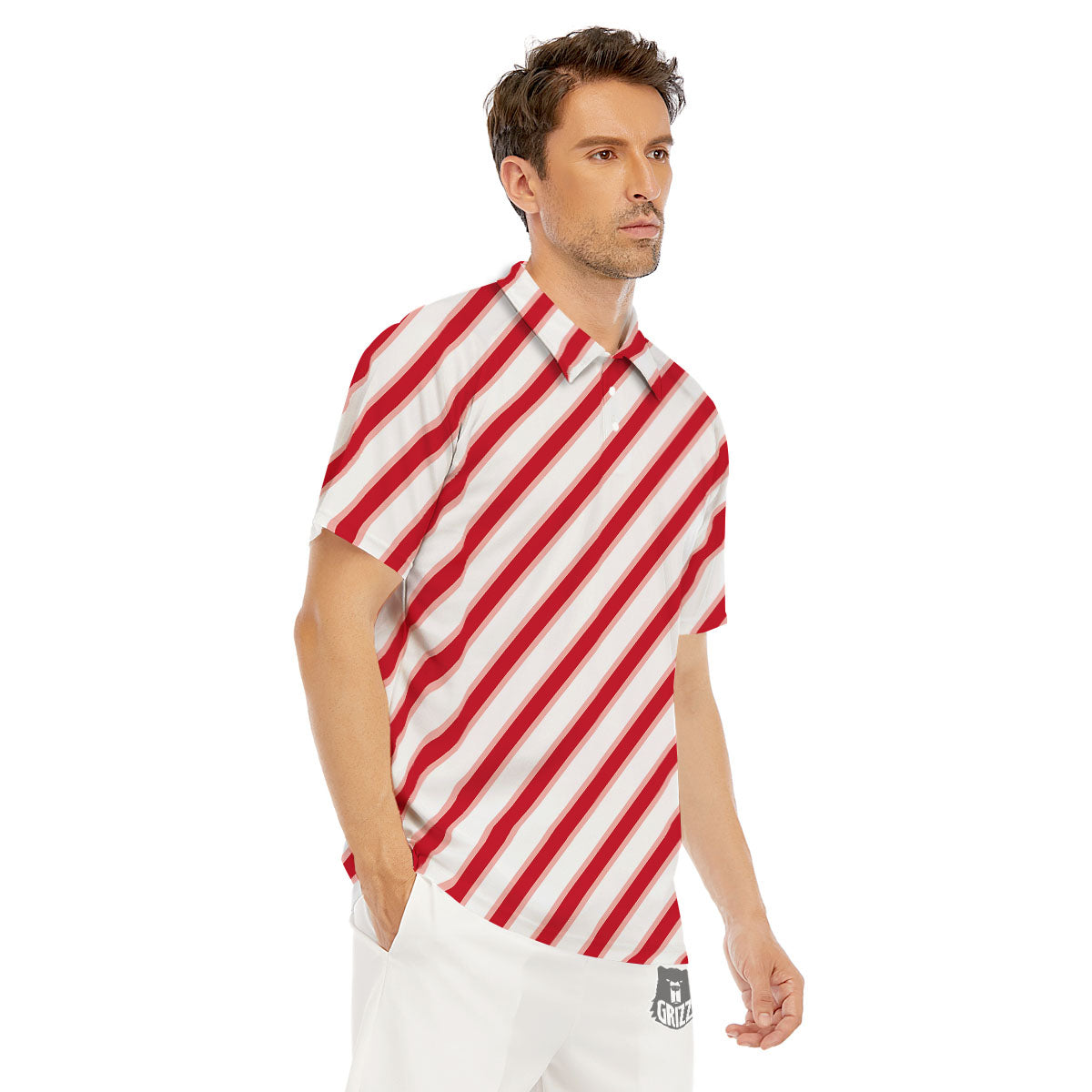 Candy Cane Stripes White And Red Print Men's Golf Shirts-grizzshop