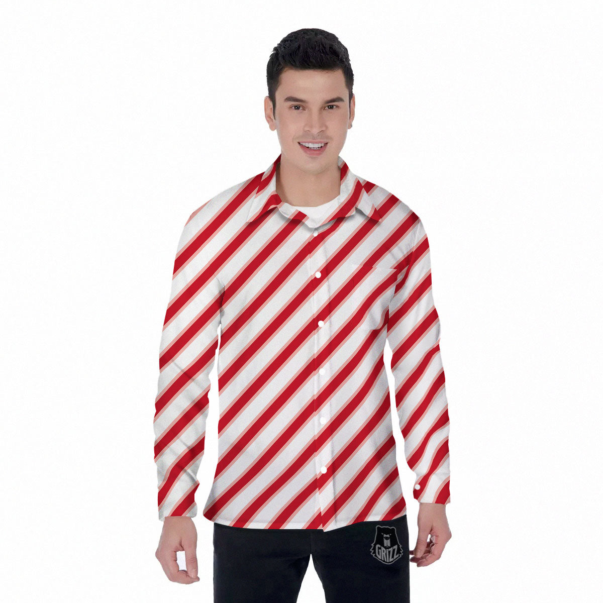Candy Cane Stripes White And Red Print Men's Long Sleeve Shirts-grizzshop