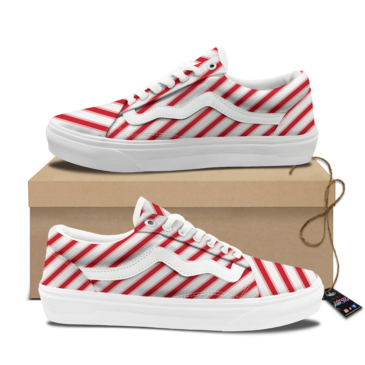 Candy Cane Stripes White And Red Print Skate Shoes-grizzshop