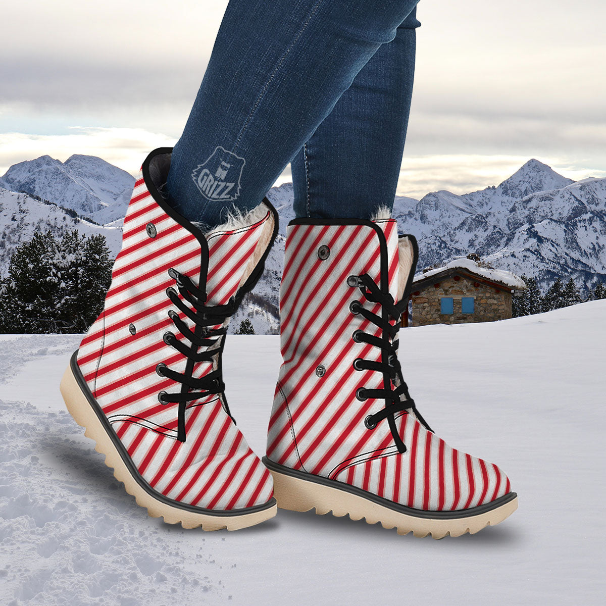 Candy Cane Stripes White And Red Print Snow Boots-grizzshop