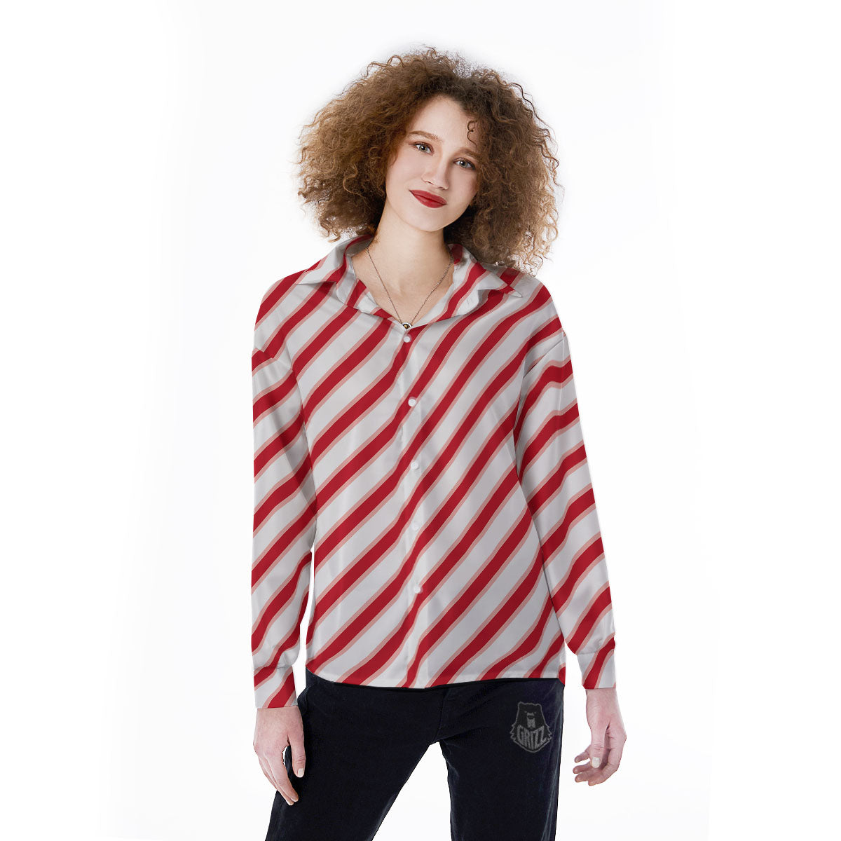 Candy Cane Stripes White And Red Print Women's Long Sleeve Shirts-grizzshop