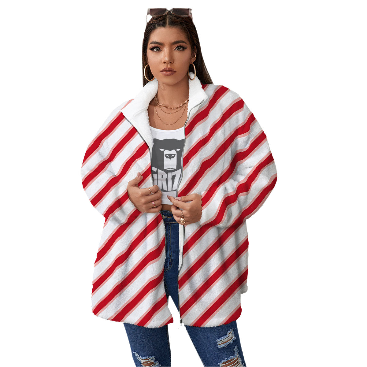 Candy Cane Stripes White And Red Print Women's Sherpa Jacket-grizzshop