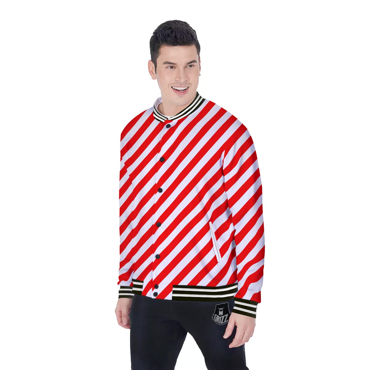 Candy Cane White And Red Print Pattern Baseball Jacket-grizzshop