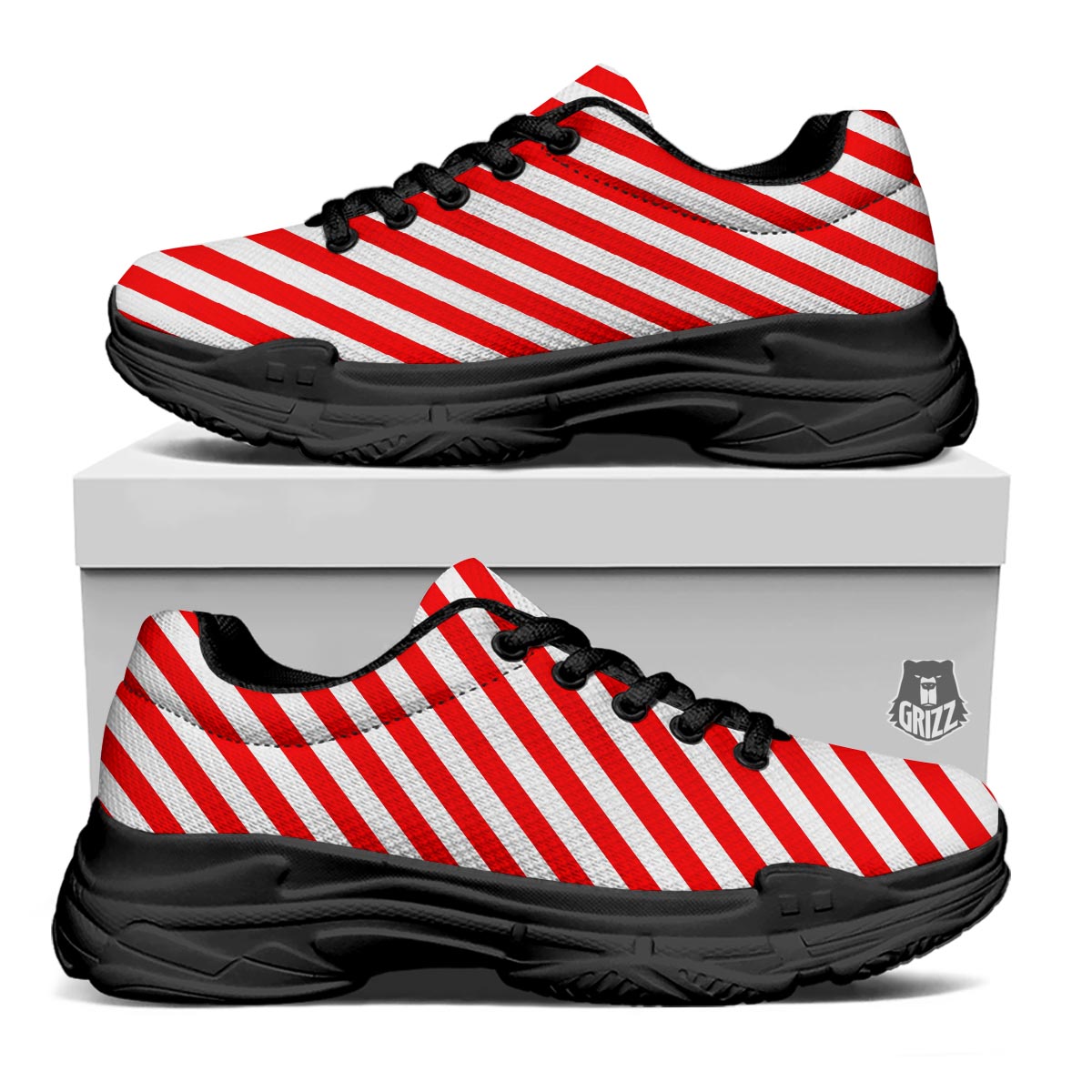 Candy Cane White And Red Print Pattern Black Chunky Shoes-grizzshop