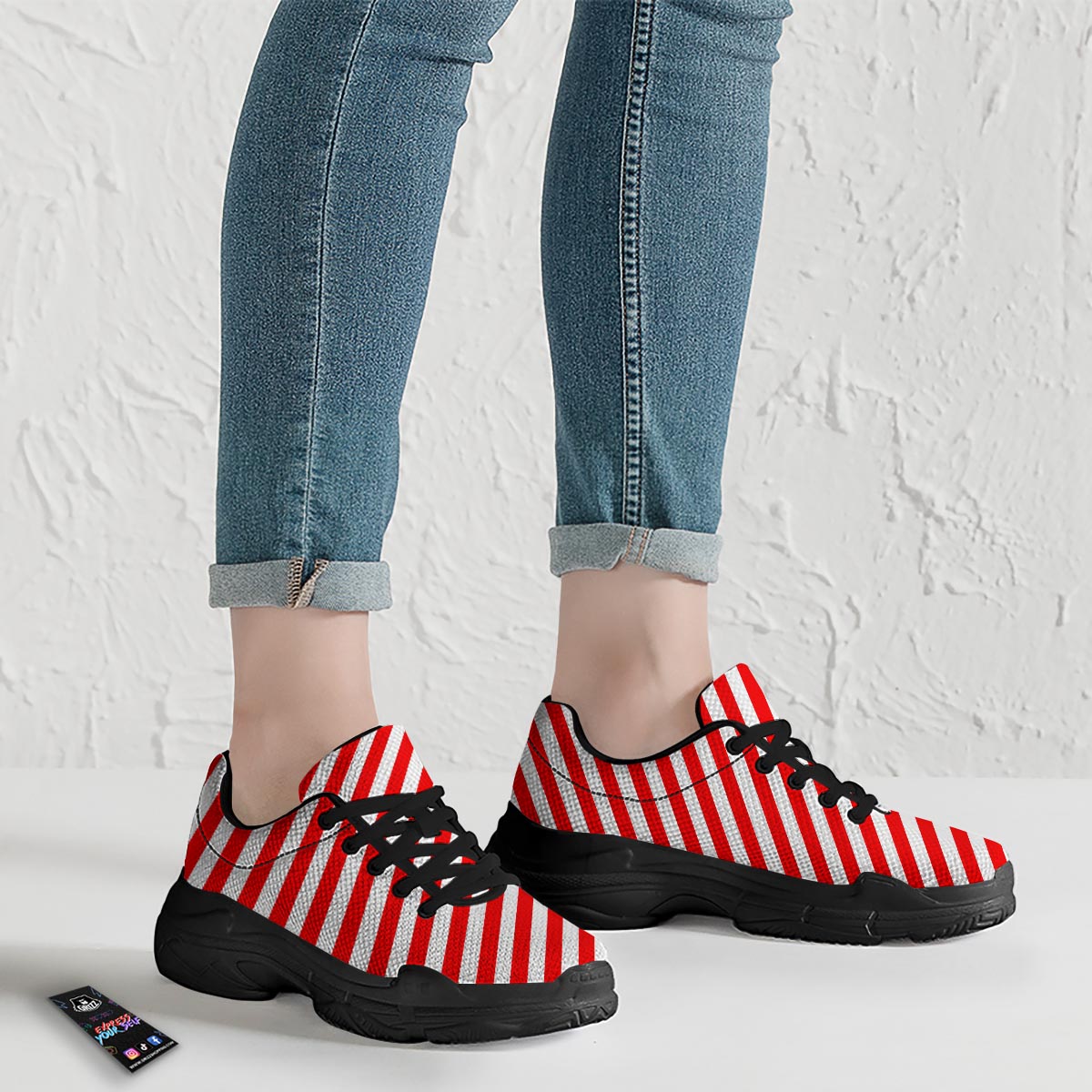 Candy Cane White And Red Print Pattern Black Chunky Shoes-grizzshop