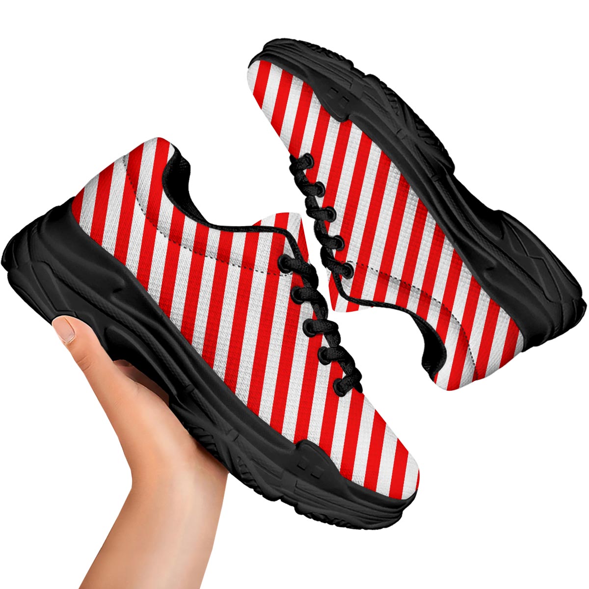 Candy Cane White And Red Print Pattern Black Chunky Shoes-grizzshop