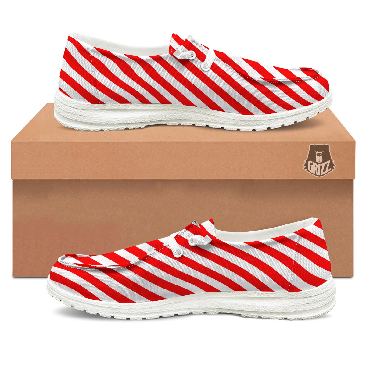 Candy Cane White And Red Print Pattern Black Loafers-grizzshop
