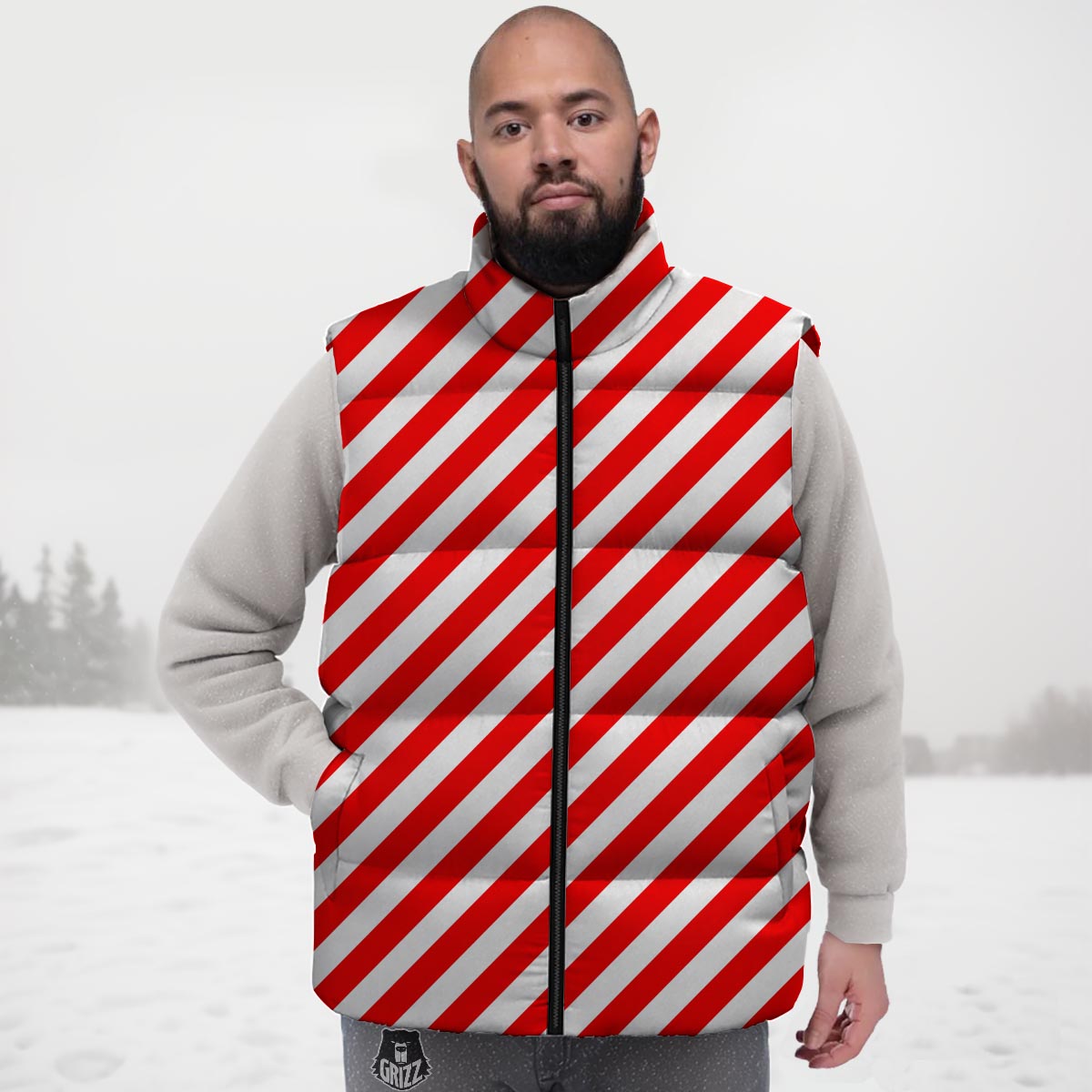 Candy Cane White And Red Print Pattern Down Vest