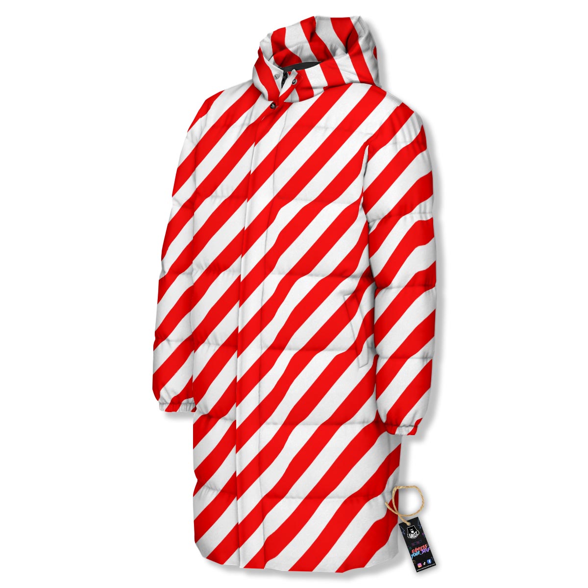 Candy Cane White And Red Print Pattern Long Down Jacket-grizzshop