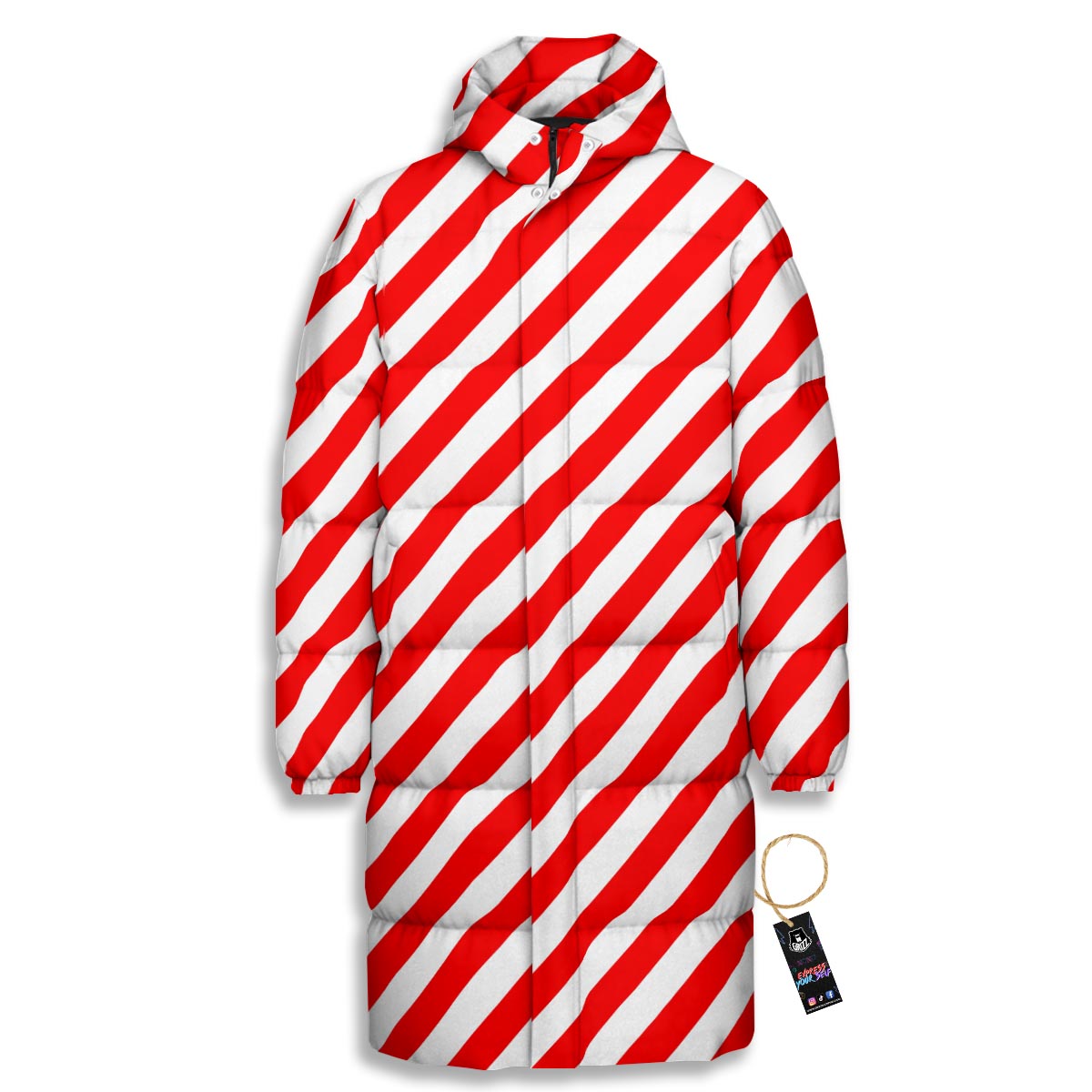 Candy Cane White And Red Print Pattern Long Down Jacket-grizzshop