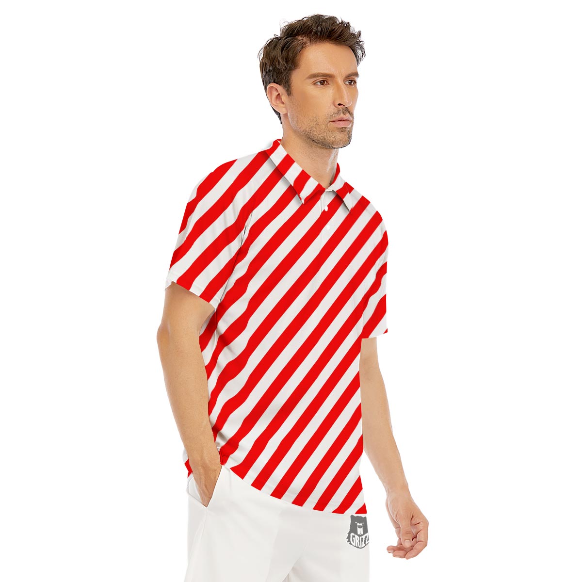 Candy Cane White And Red Print Pattern Men's Golf Shirts-grizzshop