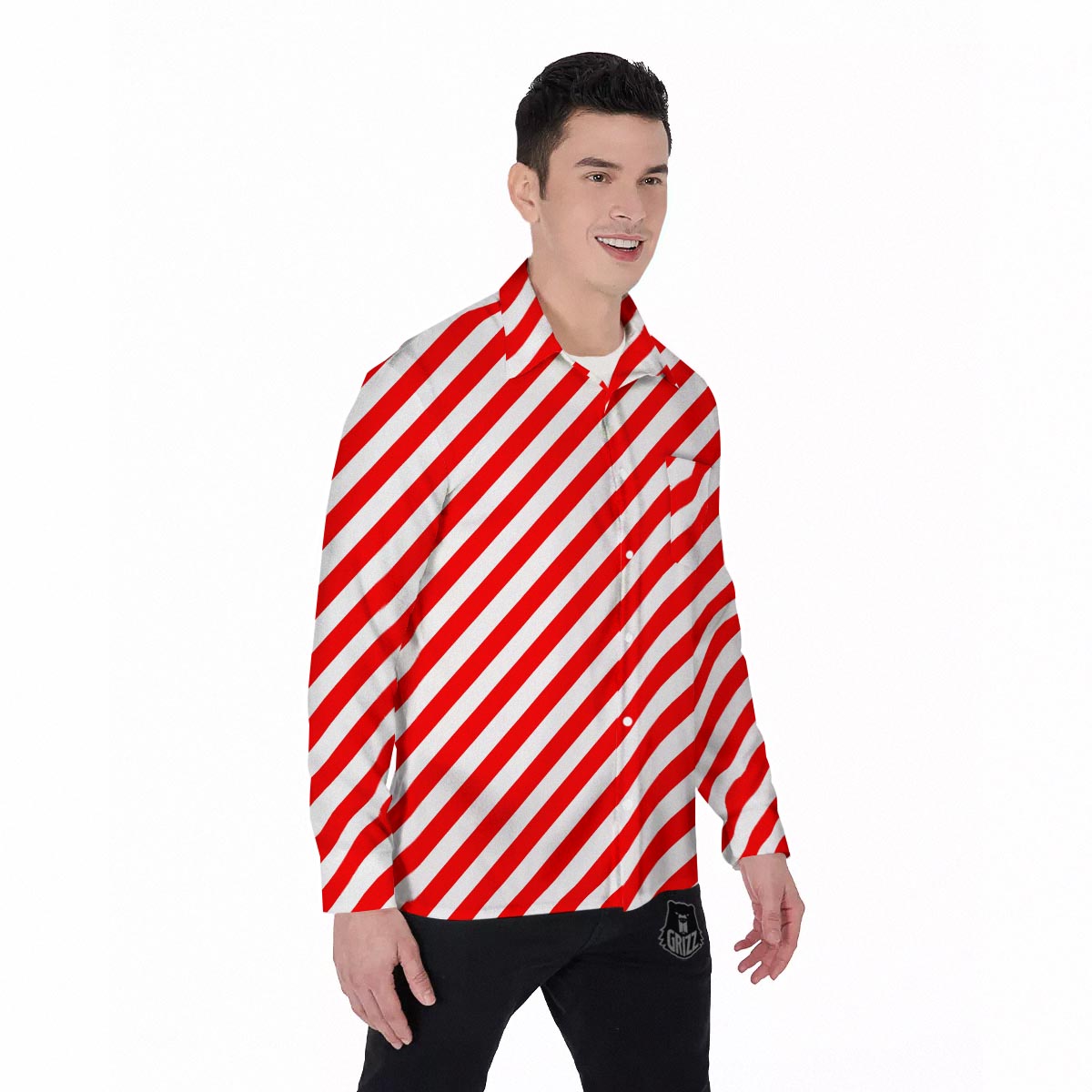 Candy Cane White And Red Print Pattern Men's Long Sleeve Shirts-grizzshop