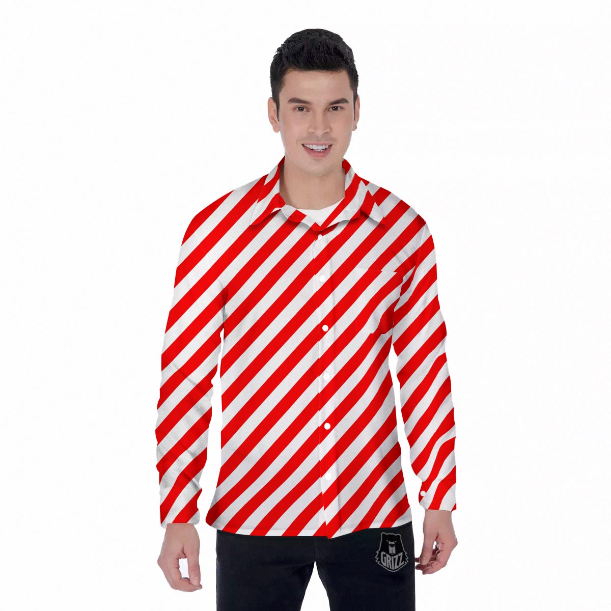 Candy Cane White And Red Print Pattern Men's Long Sleeve Shirts-grizzshop