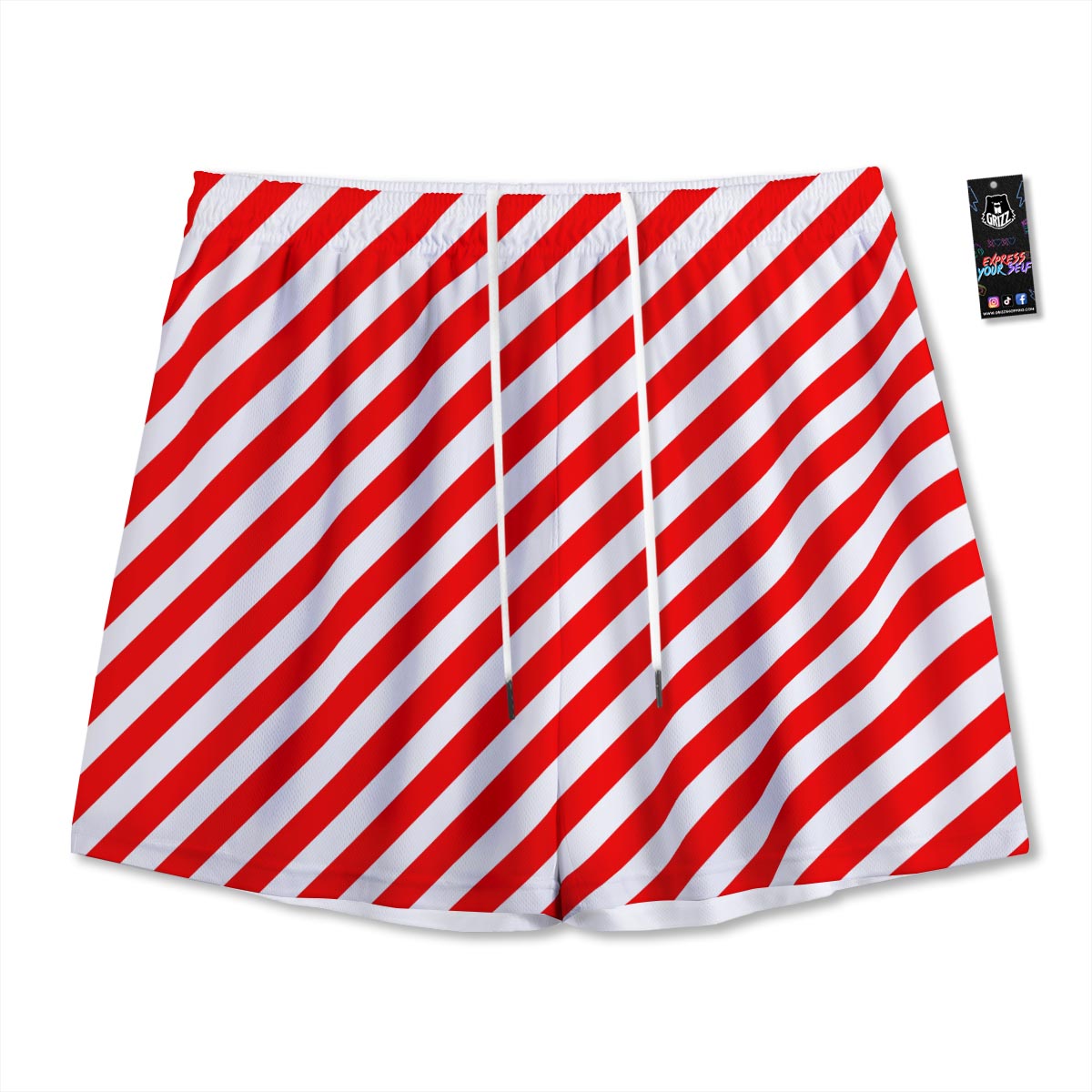 Candy Cane White And Red Print Pattern Mesh Shorts