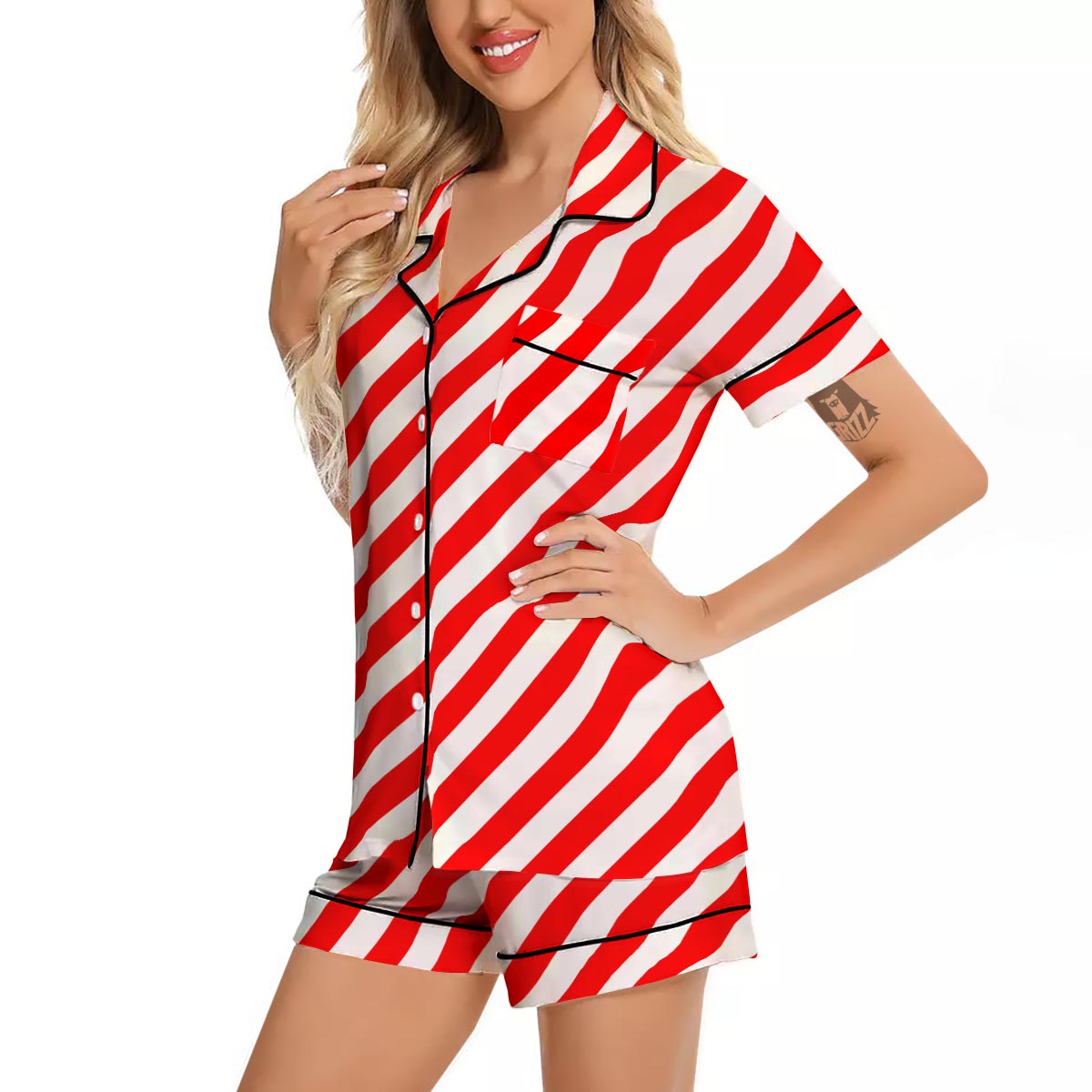 Candy Cane White And Red Print Pattern Women Silk Pajamas-grizzshop