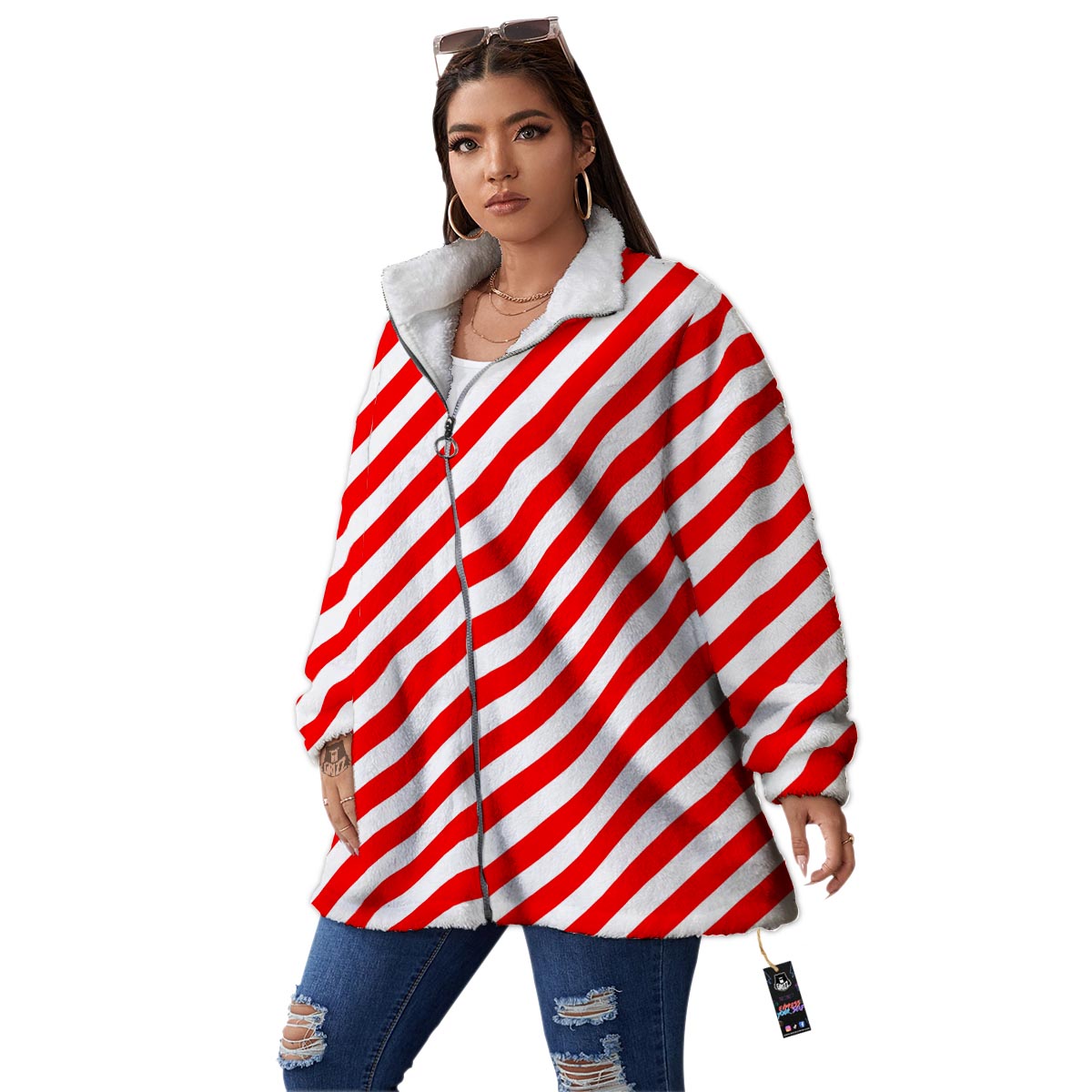 Candy Cane White And Red Print Pattern Women's Sherpa Jacket-grizzshop